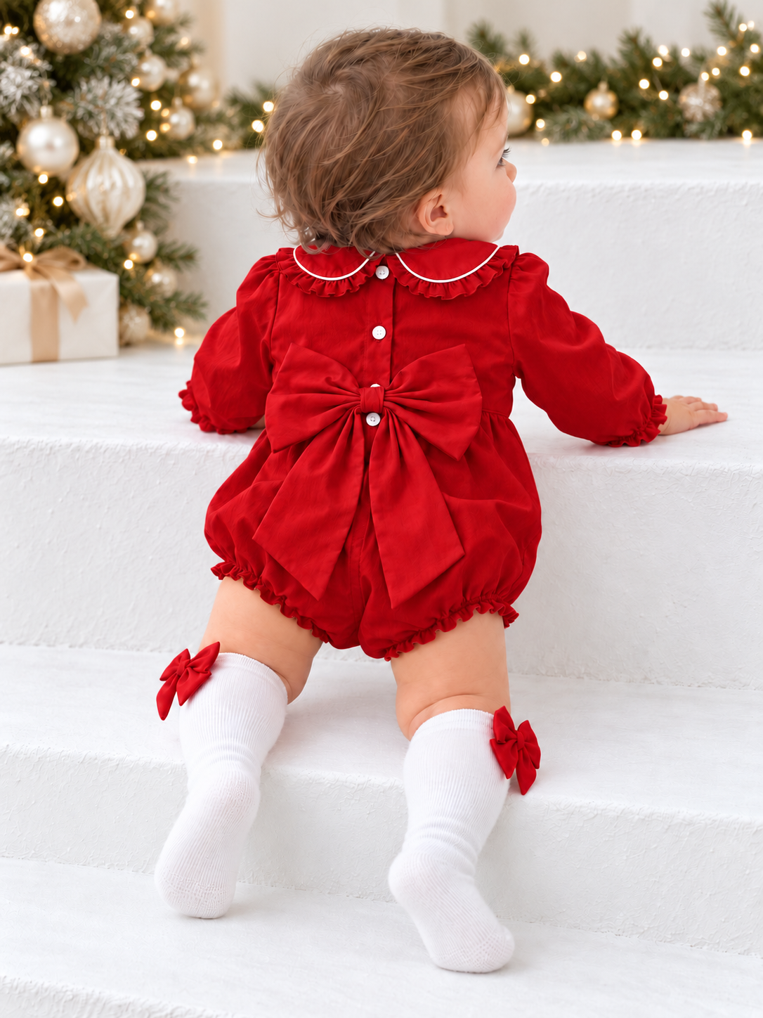Norah Baby Girls Back Bow Smocked Romper & Bow Socks Set Red