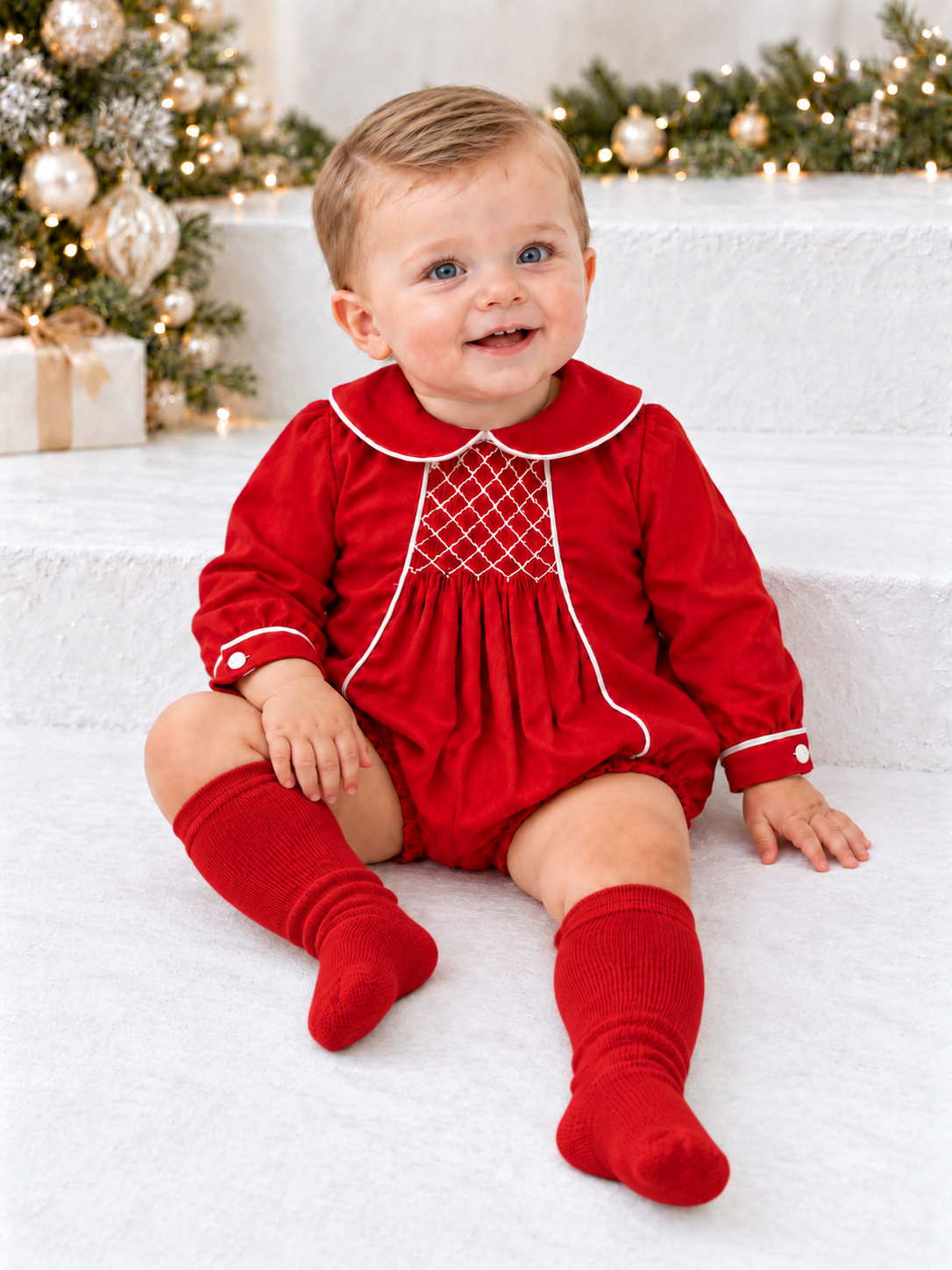 Noah Boys Smocked Romper Suit Red