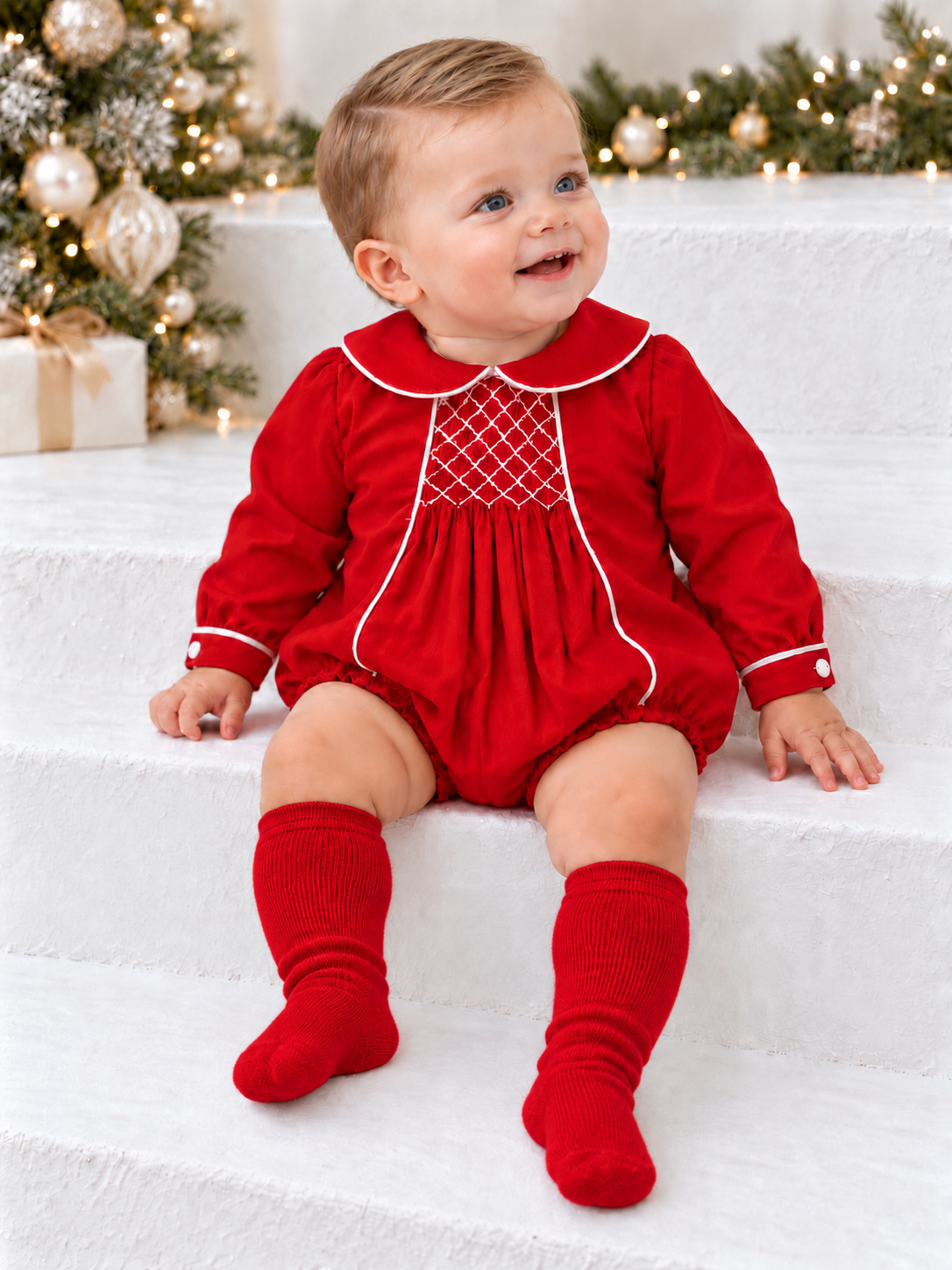 Noah Boys Smocked Romper Suit Red