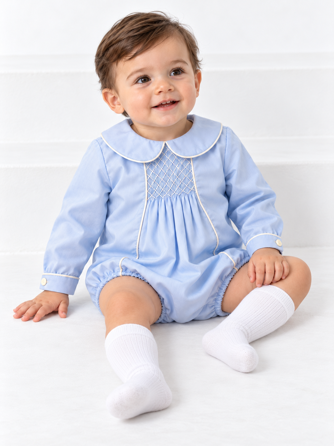 Noah Boys Smocked Romper Suit Blue