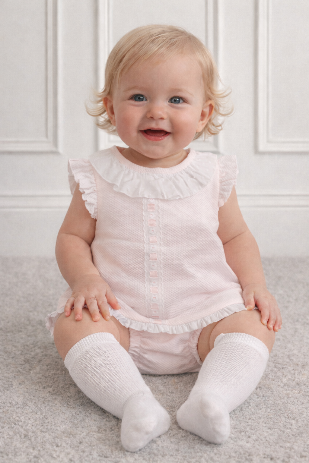 26101 Baby Girls Waffle Pink Ribbon Dress & Bloomers