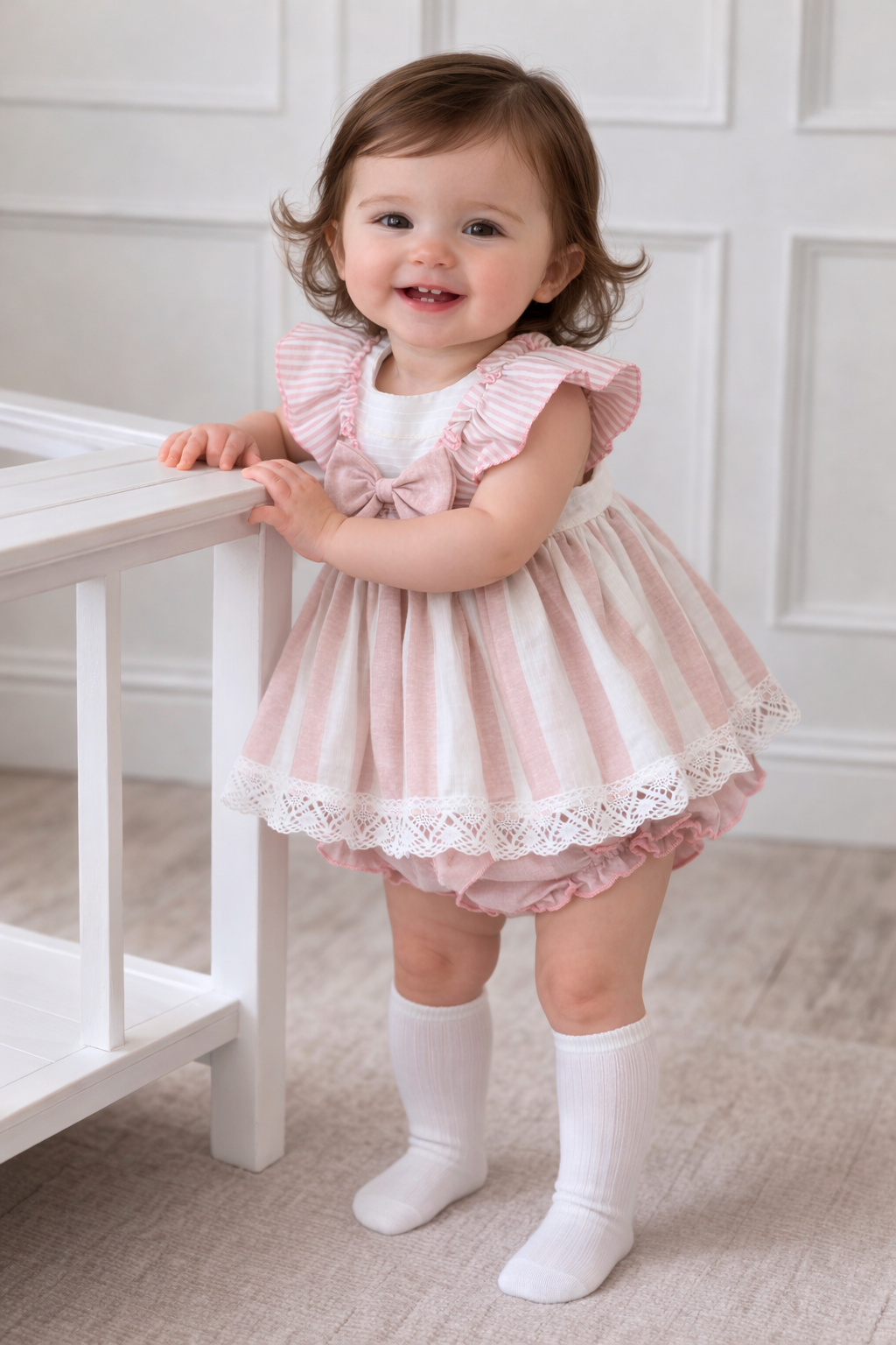26118 Baby Girls Striped Beige/Pink Dress With Bloomers
