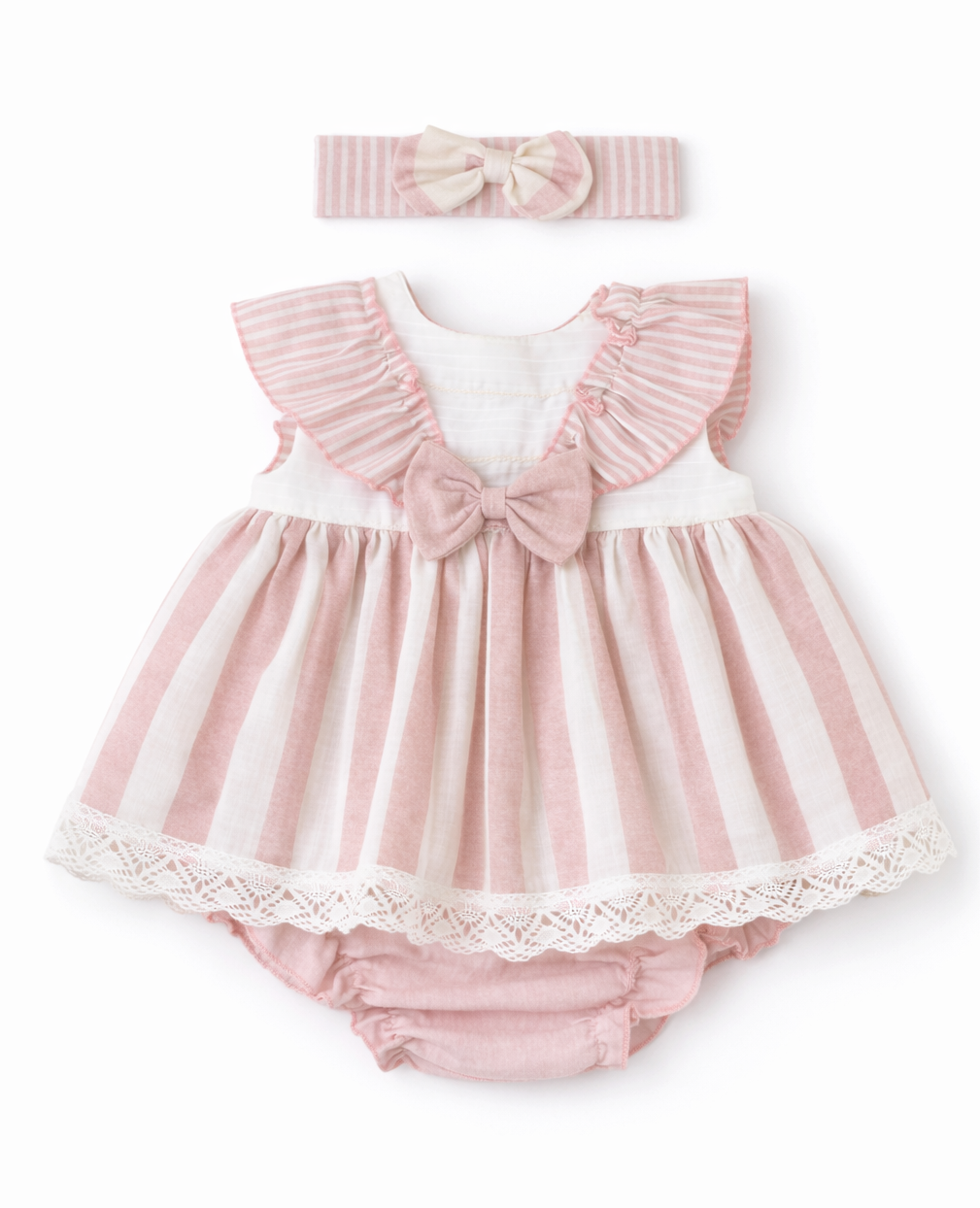 26118 Baby Girls Striped Beige/Pink Dress With Bloomers