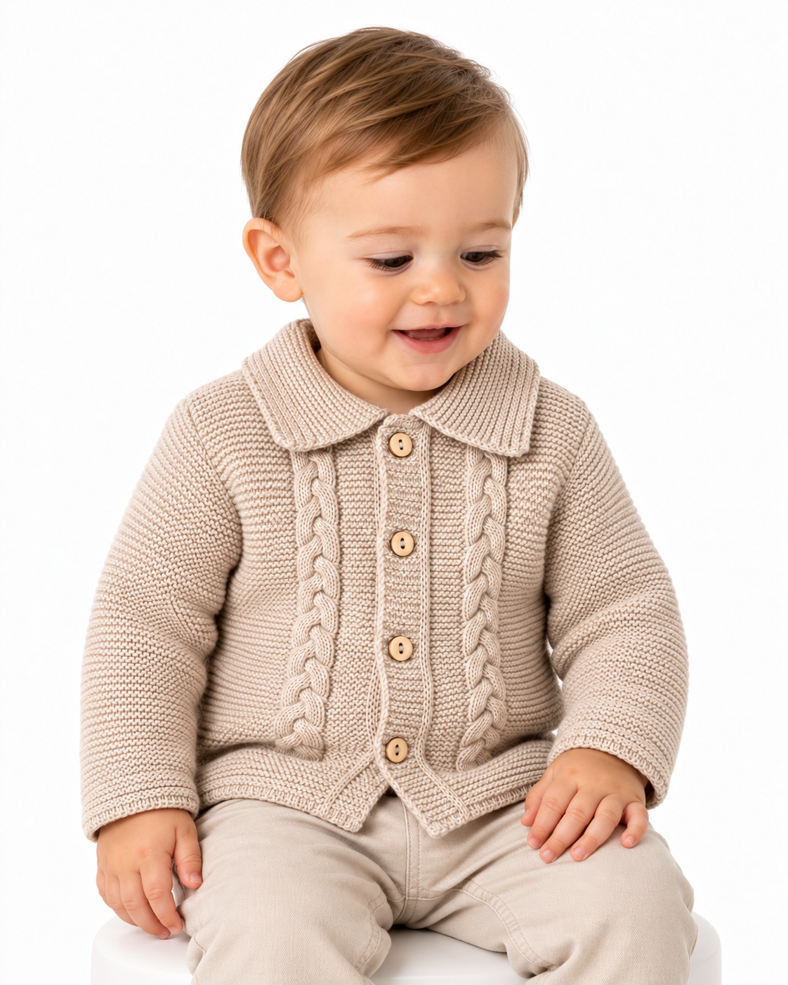 Baby Boys Knitted Collared Cardigan Beige