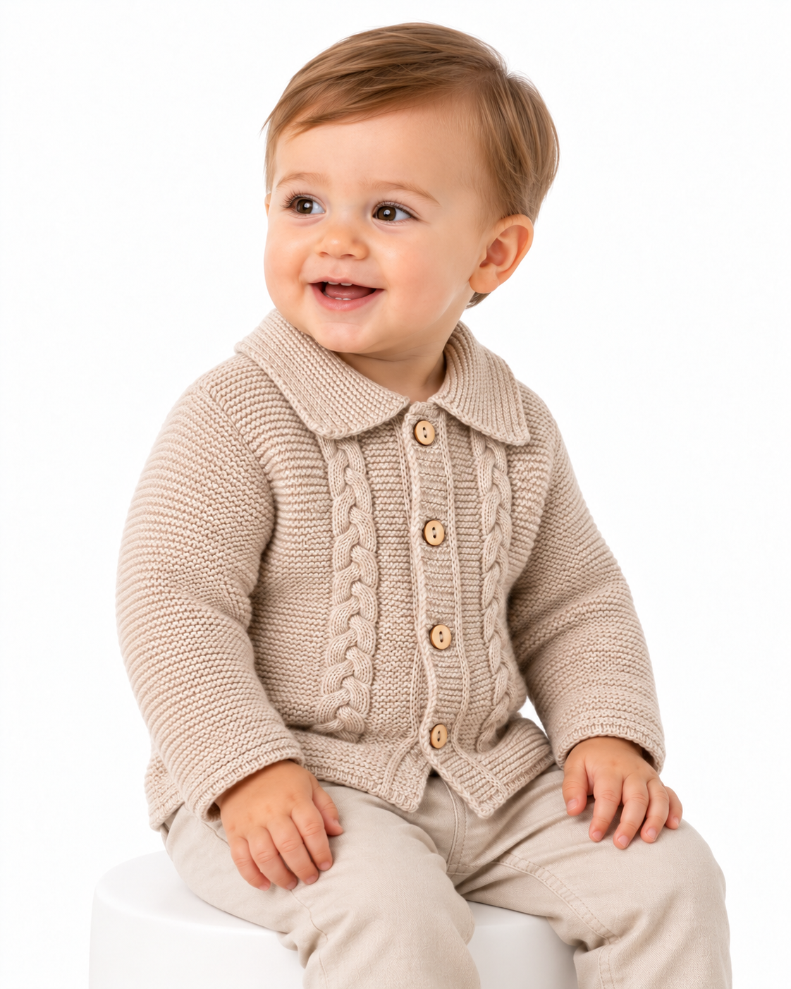 Baby Boys Knitted Collared Cardigan Beige