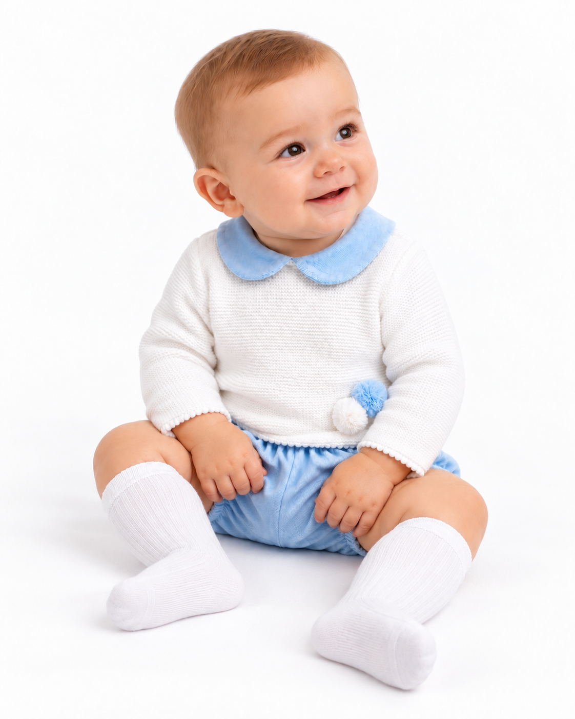Baby Boys Knitted Pom Jam Pants & Jumper Set Cardigan Blue