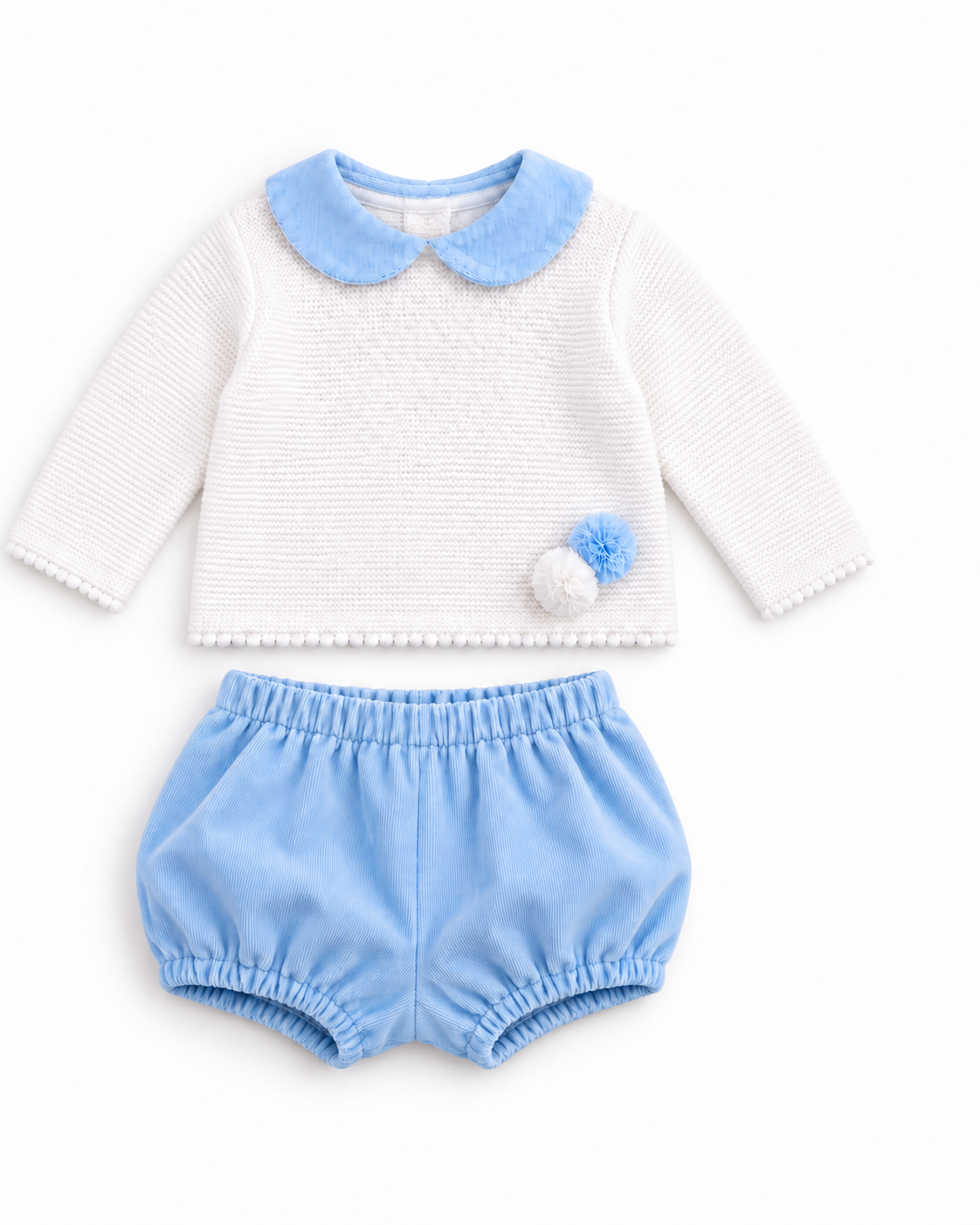 Baby Boys Knitted Pom Jam Pants & Jumper Set Cardigan Blue