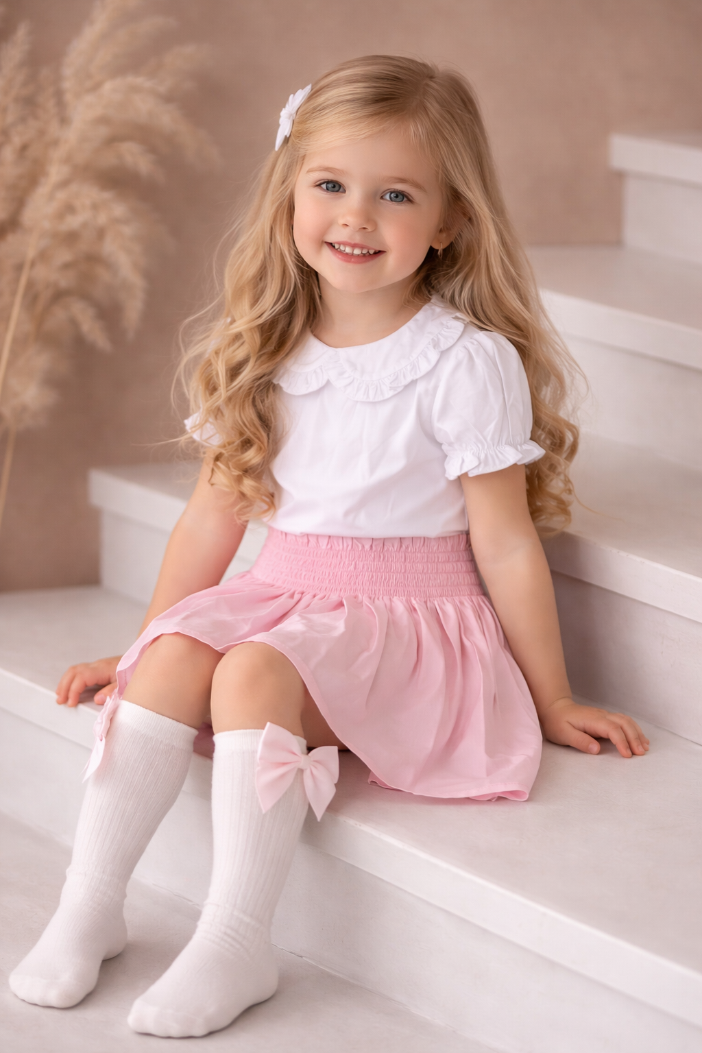 Girls Smocked Skirt, Socks & Frilly Blouse Set Pink