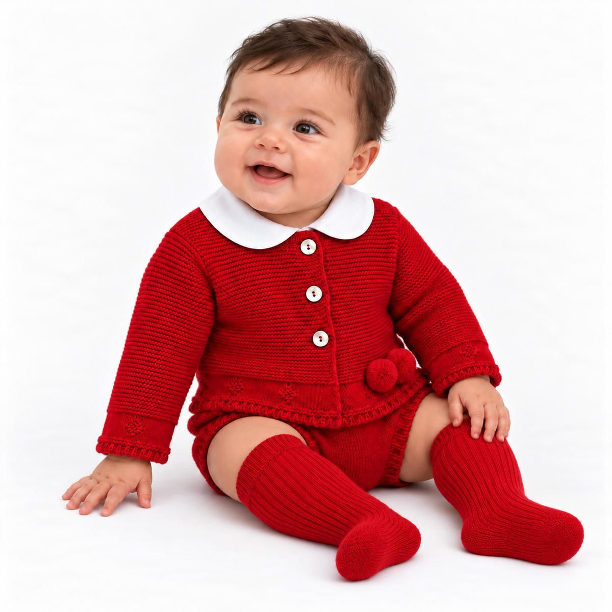 Vk10 Baby Boys Shirt With Knitted Pom Jam Pants & Jumper Set Red
