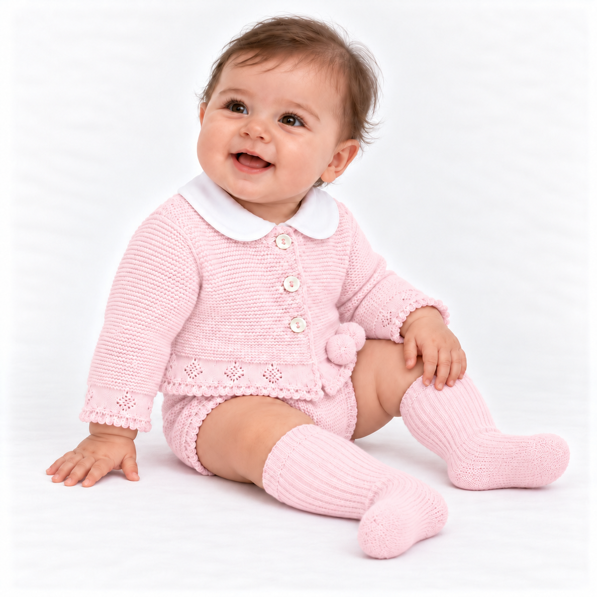Vk10 Baby Girls Shirt With Knitted Pom Jam Pants & Jumper Set Pink