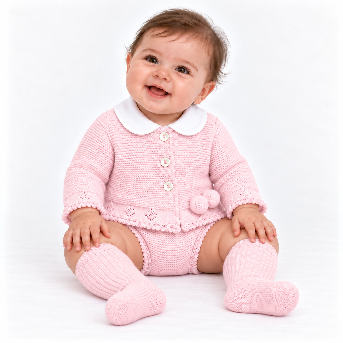 Vk10 Baby Girls Shirt With Knitted Pom Jam Pants & Jumper Set Pink