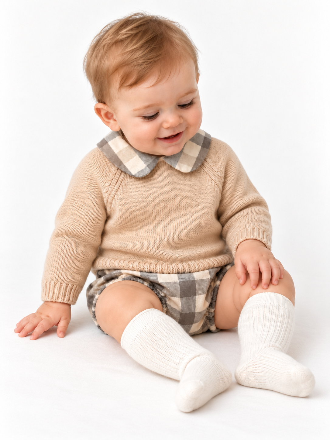 C7110 Baby Boys Knitted Jumper & Checked Jam Pants Outfit Set Camel