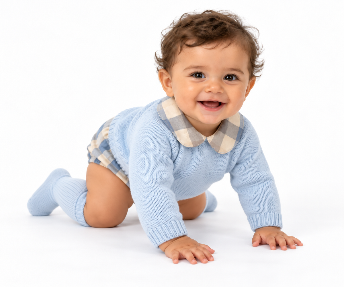 C7110 Baby Boys Knitted Jumper & Checked Jam Pants Outfit Set Blue