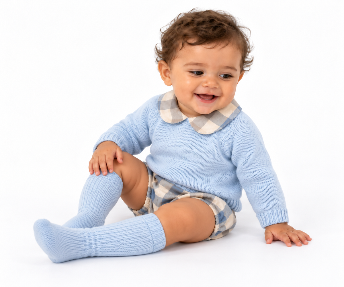 C7110 Baby Boys Knitted Jumper & Checked Jam Pants Outfit Set Blue