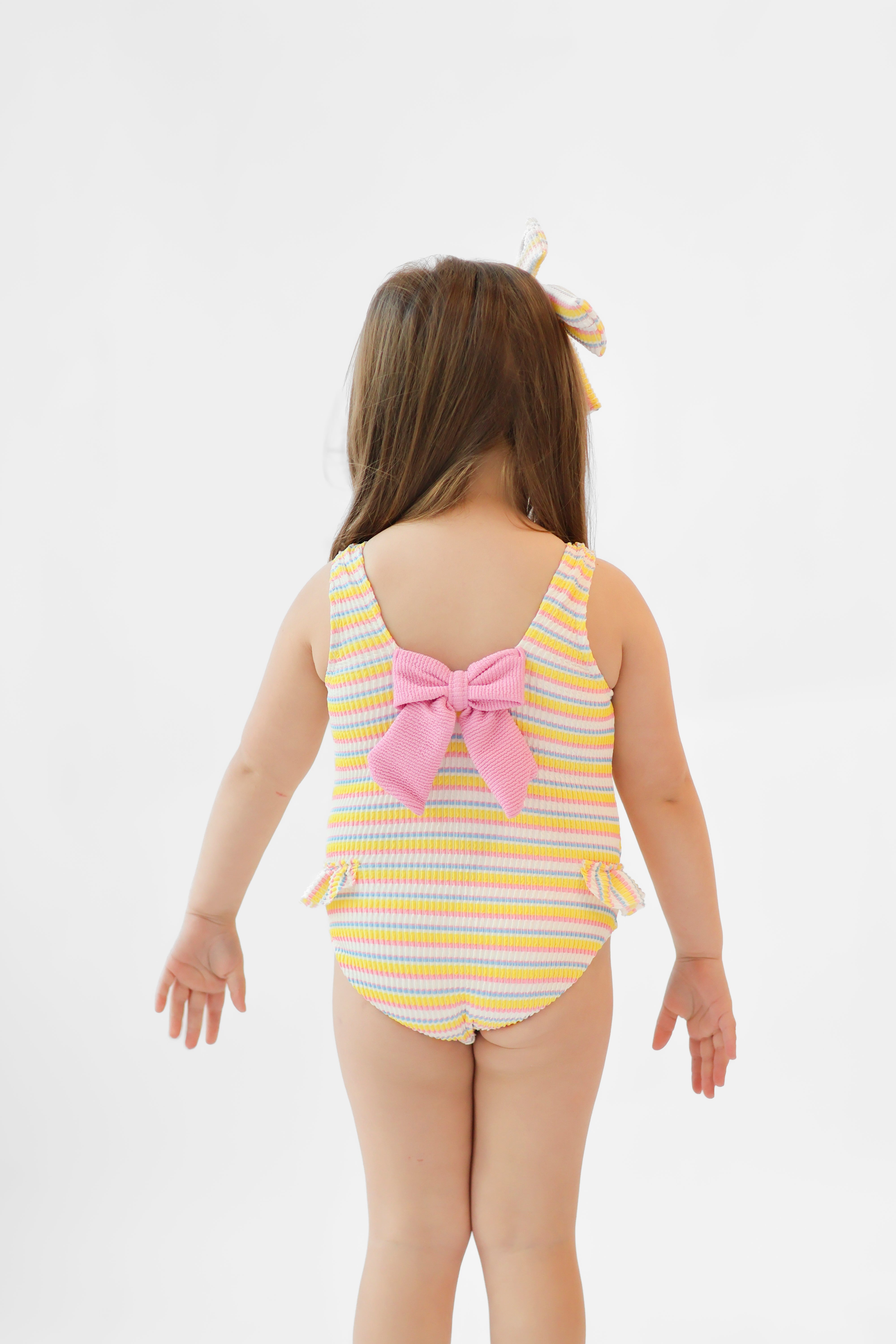 Poppy Girls Striped Waffled Frilly Bow Swimming Costume