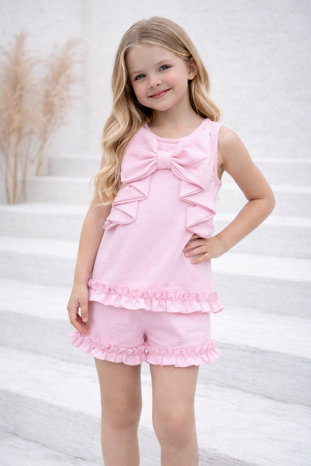 Girls Frilly Bow Short Set Pink