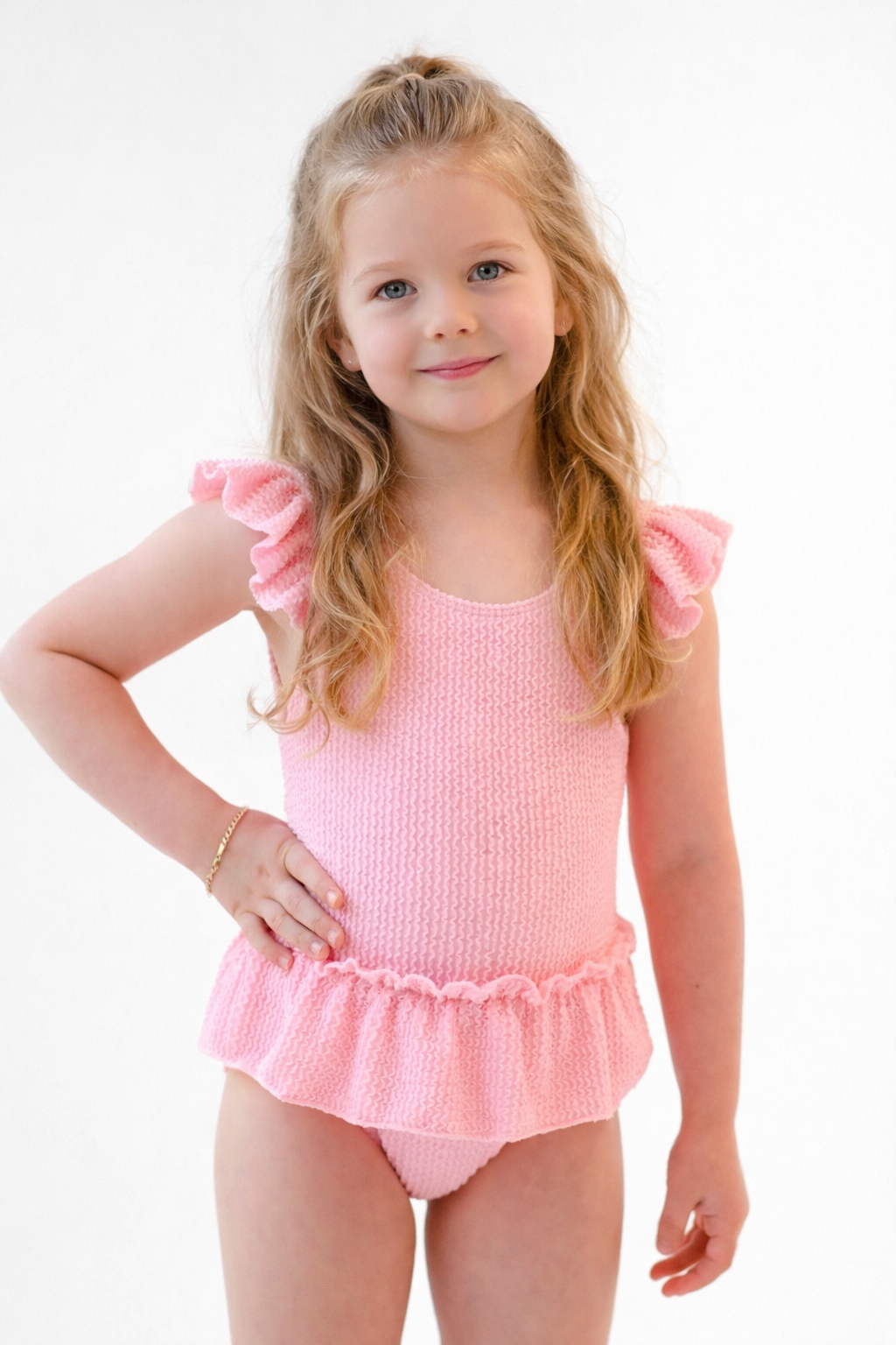 Holly Girls Pink Waffled Frilly Bow Swimming Costume & Hair Bow