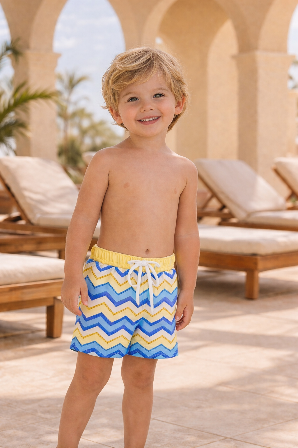 Boys Blue/Lemon Chevron Print Swimming Trunks
