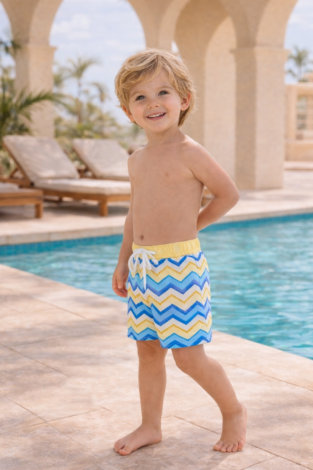 Boys Blue/Lemon Chevron Print Swimming Trunks