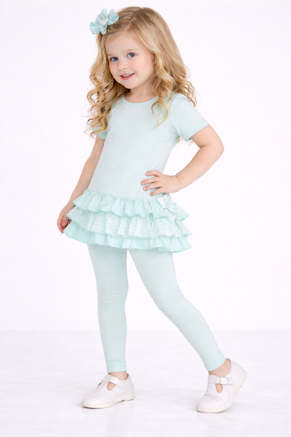 Celine Girls Ruffle Frilly Leggings & Shorts Set Mint