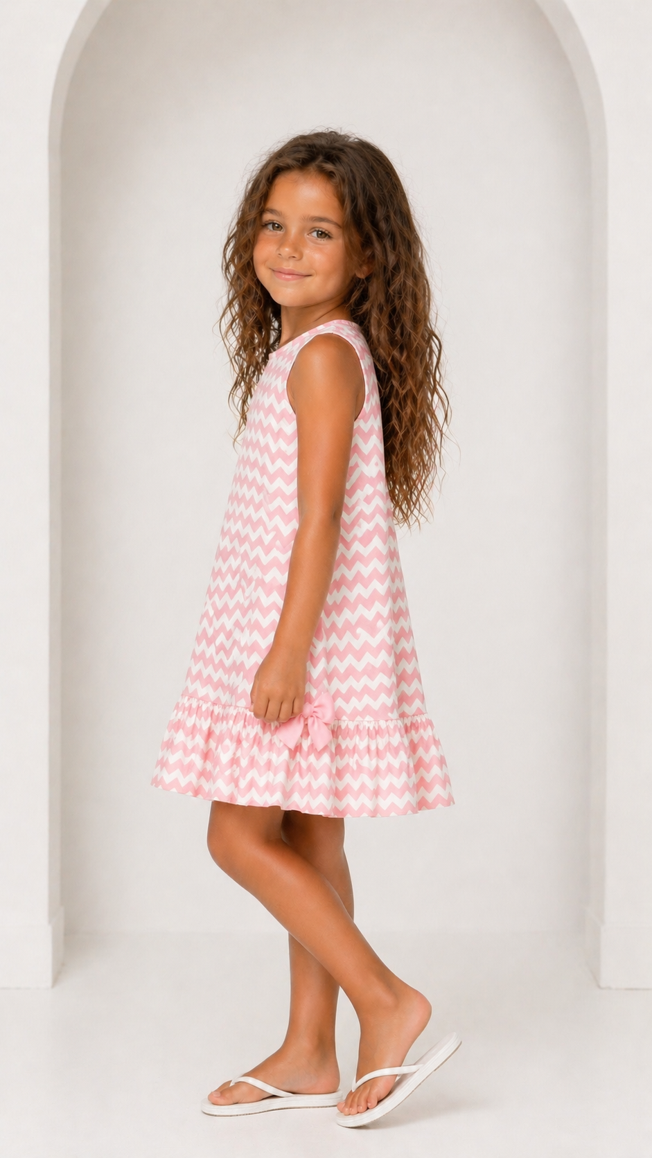 Chevron Girls Frilly Bow Dress Pink