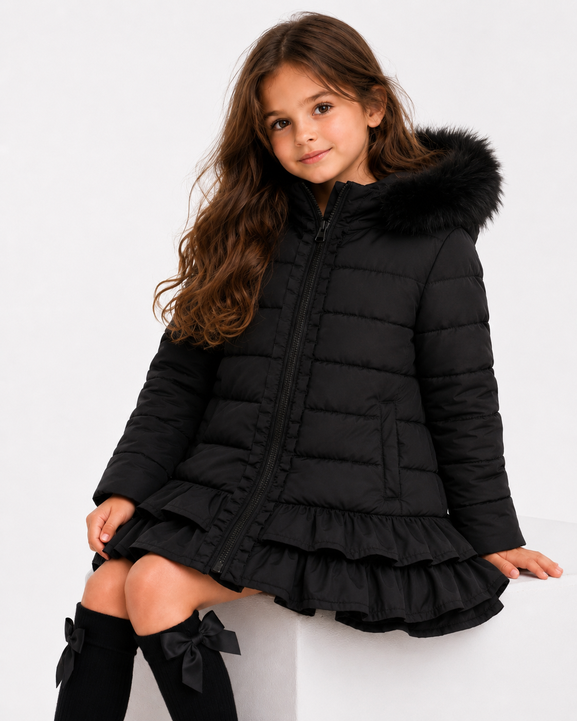 Violet Girls Padded Faux Fur Frilly Ruffle Coat Black