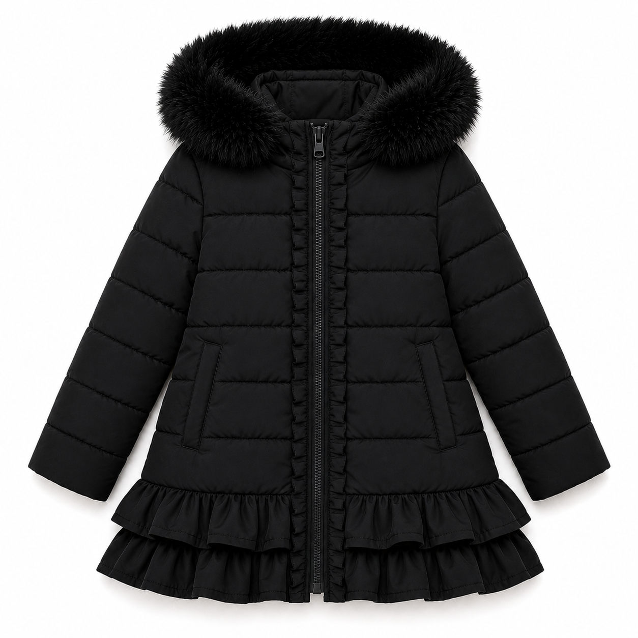 Violet Girls Padded Faux Fur Frilly Ruffle Coat Black