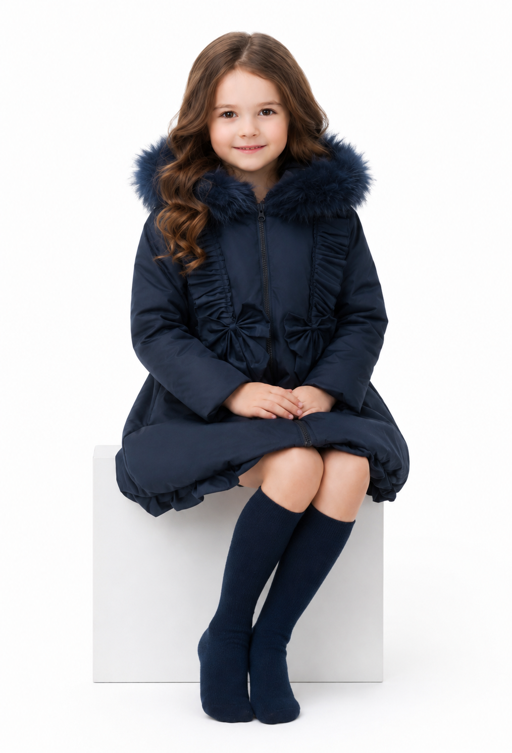 Scarlet Girls Padded Faux Fur Hood Frilly Bow Coat Navy