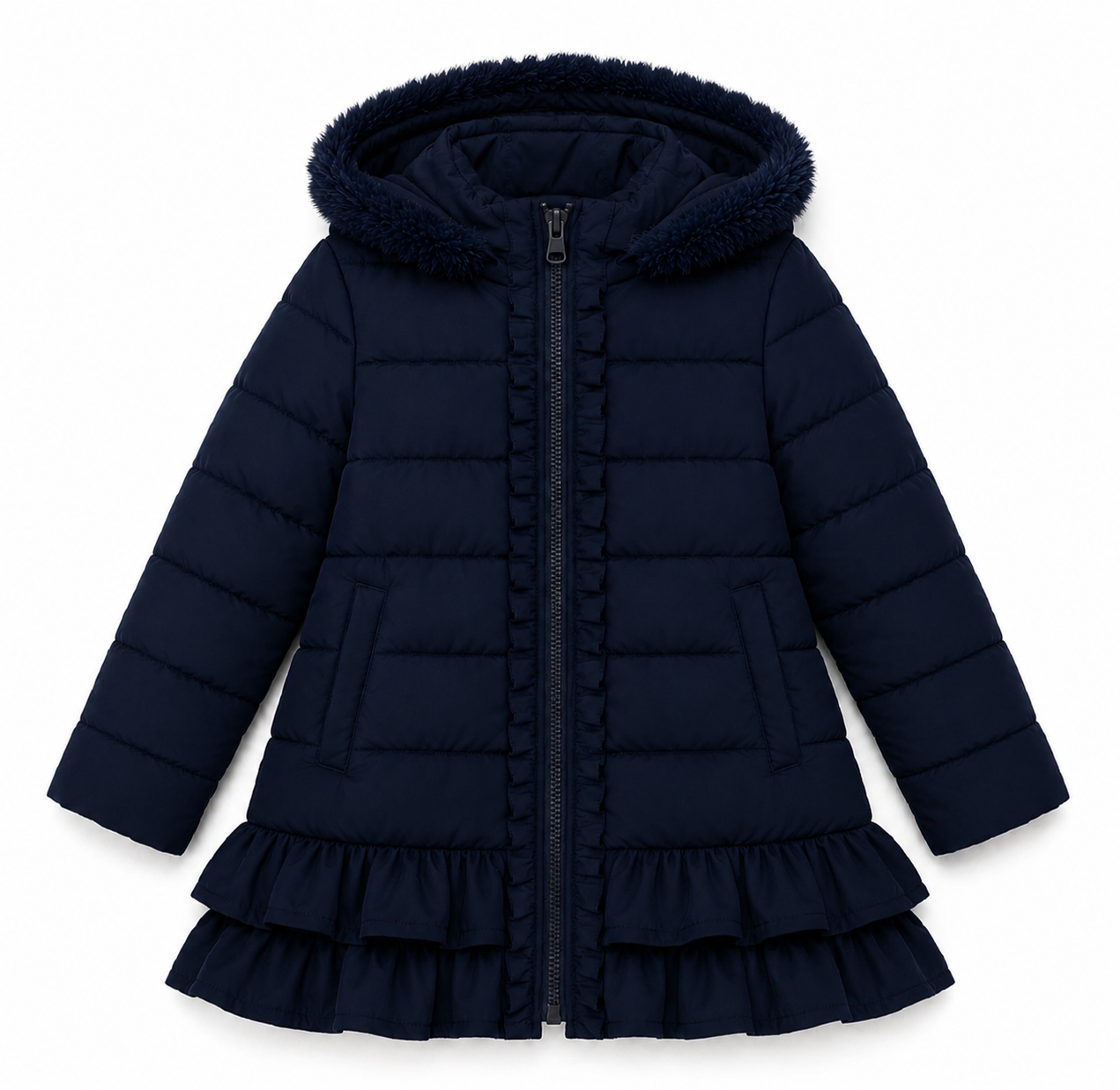 Violet Girls Padded Faux Fur Frilly Ruffle Coat Navy