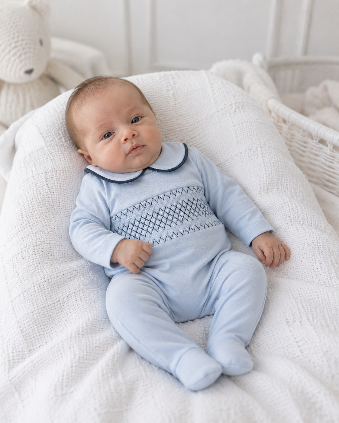 SG68 Baby Boys Blue & Navy Peter Pan Collar Smocking Babygrow