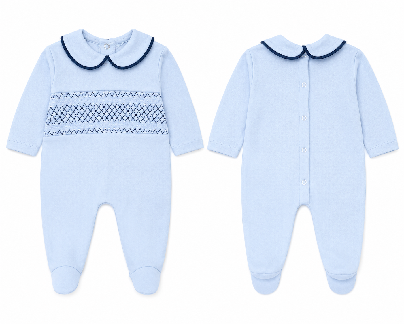 SG68 Baby Boys Blue & Navy Peter Pan Collar Smocking Babygrow