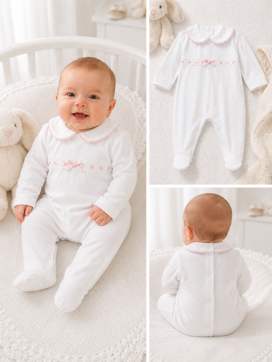 SG145 Baby Girls Bow Peter Pan Collar White & Pink Babygrow