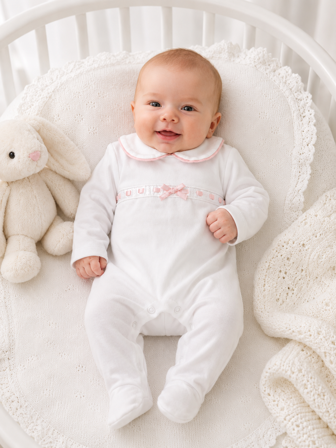 SG145 Baby Girls Bow Peter Pan Collar White & Pink Babygrow