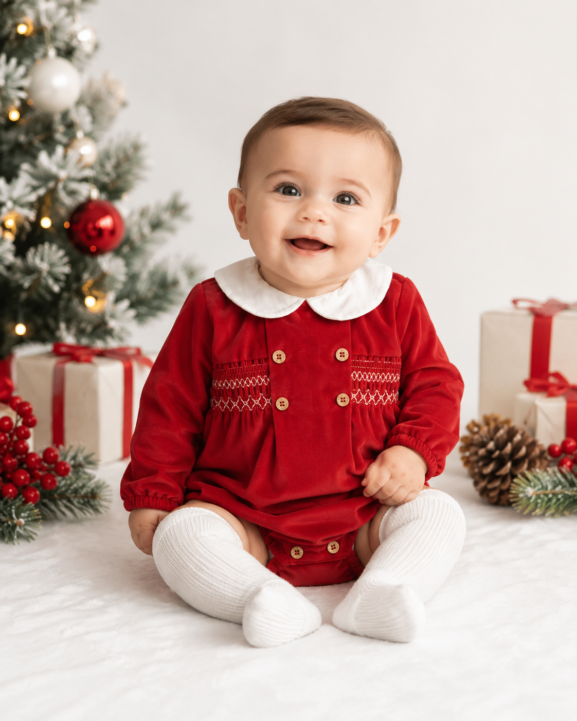 31632 Babidu Luxury Red Smocked Romper