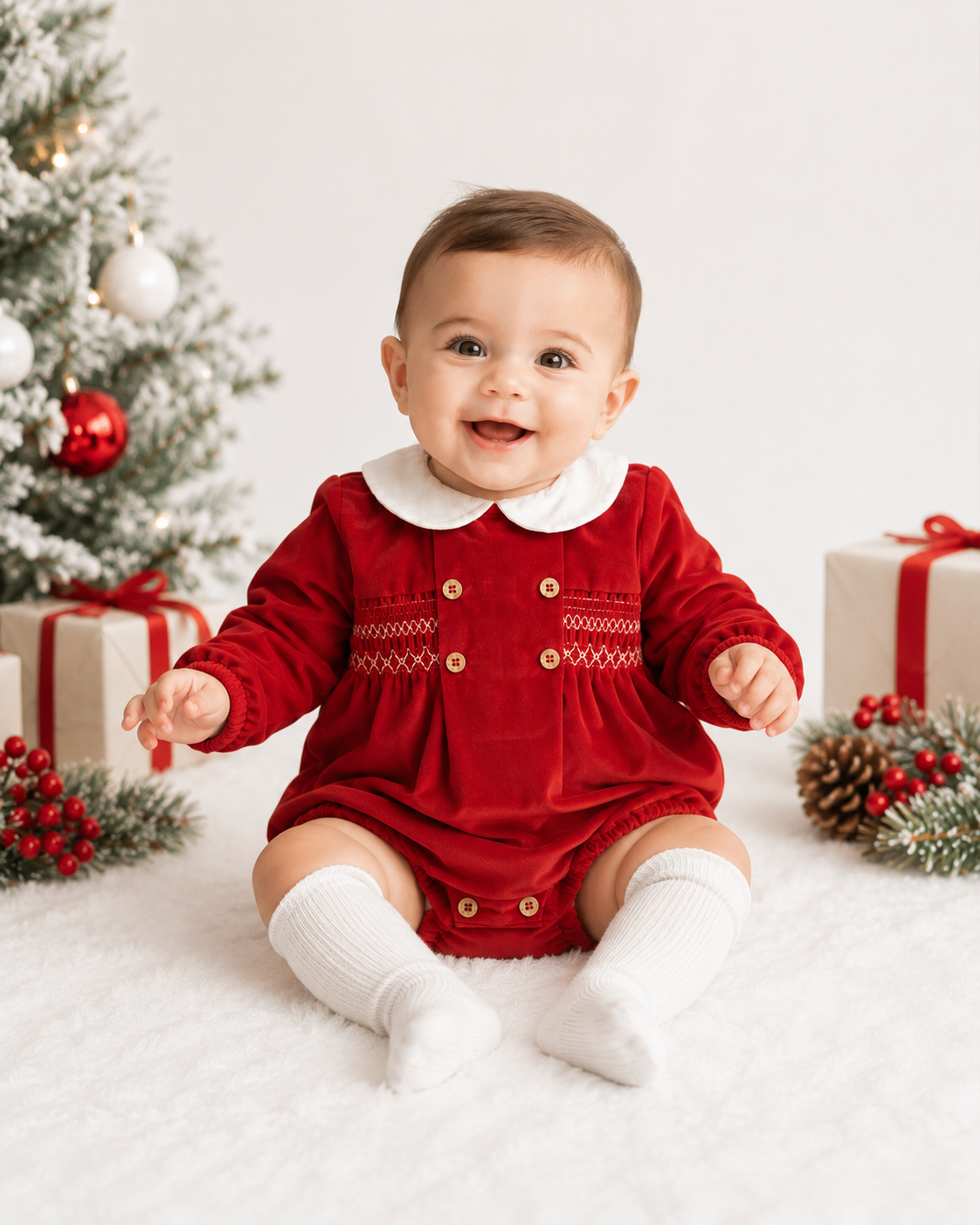 31632 Babidu Luxury Red Smocked Romper