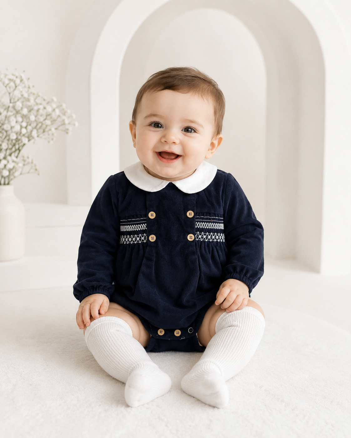 31632 Babidu Luxury Navy Smocked Romper