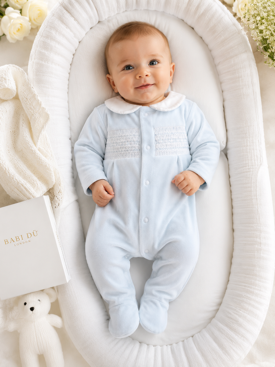 12101 Baby Boys Luxury Collection Babidu Blue Smocked Velour Babygrow