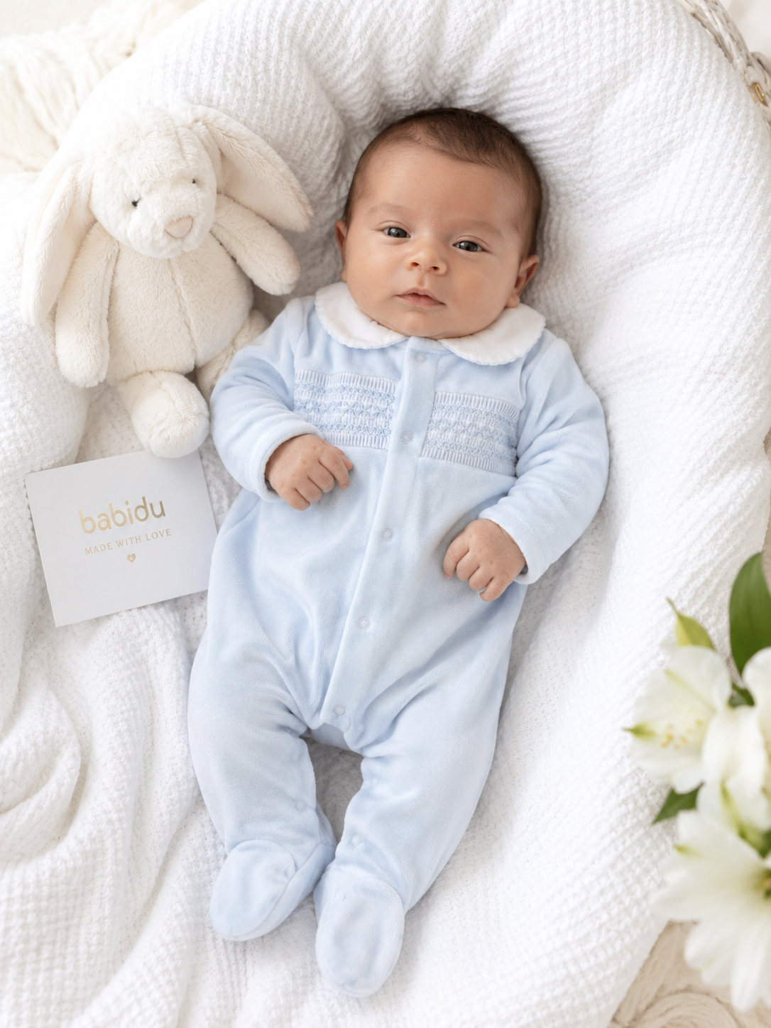 12101 Baby Boys Luxury Collection Babidu Blue Smocked Velour Babygrow