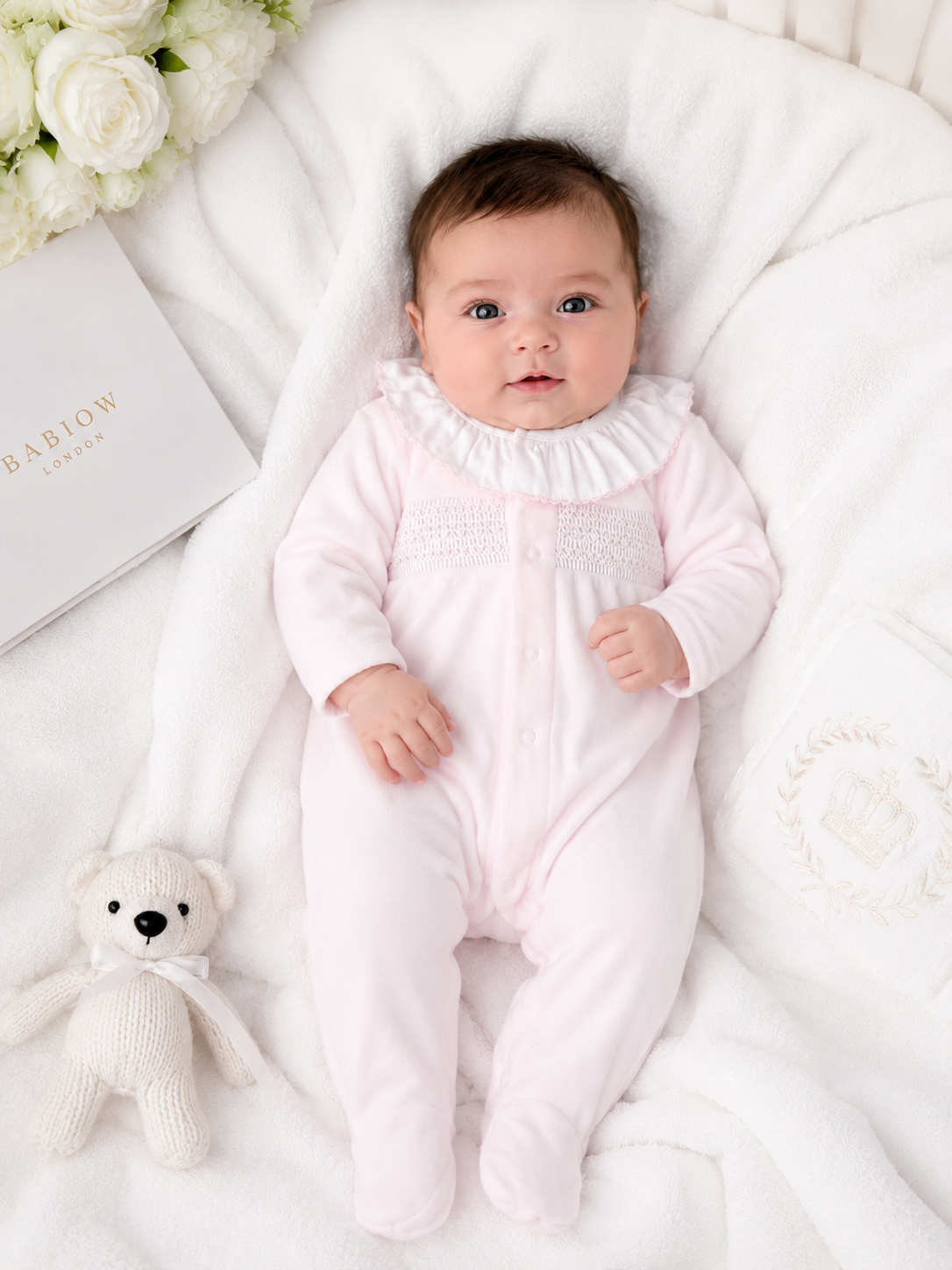 15101 Baby Girls Luxury Collection Babidu Frill Pink Smocked Velour Babygrow