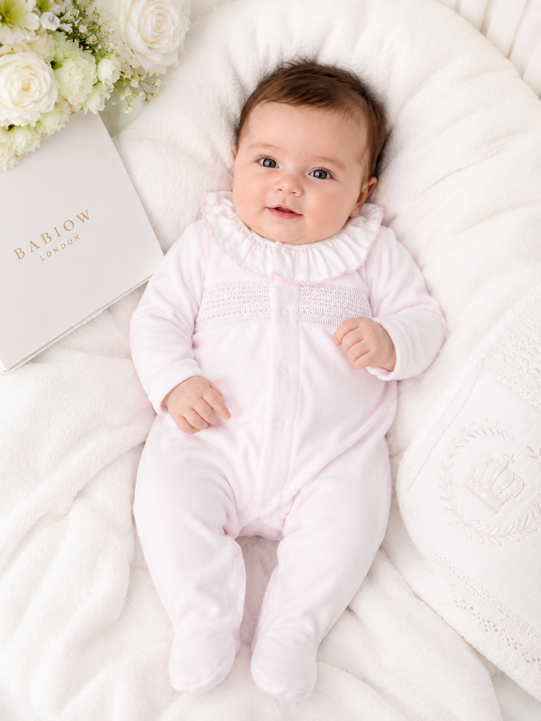 15101 Baby Girls Luxury Collection Babidu Frill Pink Smocked Velour Babygrow
