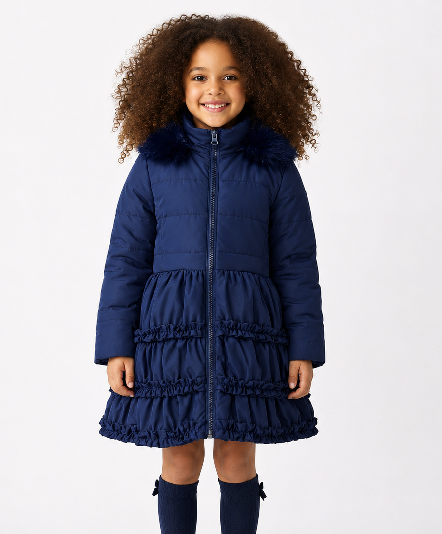 Rosie Girls Ruffle Frilly Padded Coat Navy