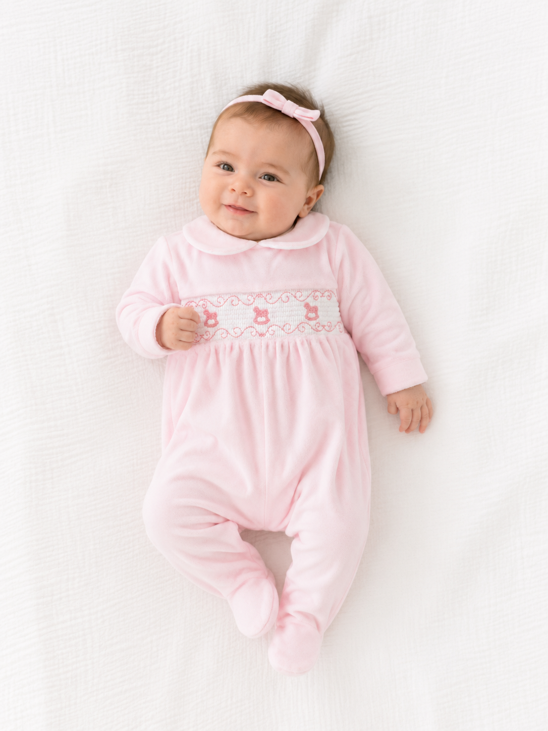 Rocking Horse Velour Embroidered Babygrow Pink