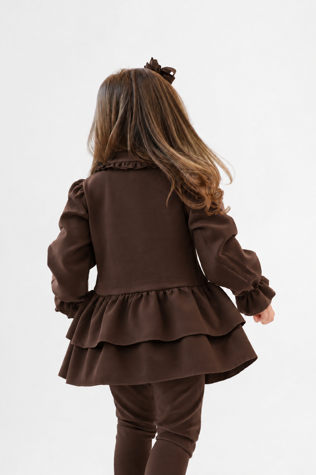 Elsie Luxe Girls Pearl Button Top & Legging Tracksuit Set Brown