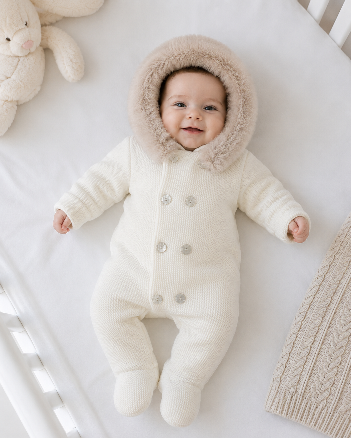 Unisex Luxury Pex Faux Fur Knitted Snowsuit Cream