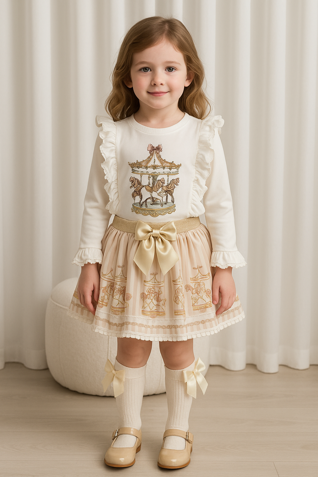 Girls Diamonte Carousel Skirt & Top Set Beige