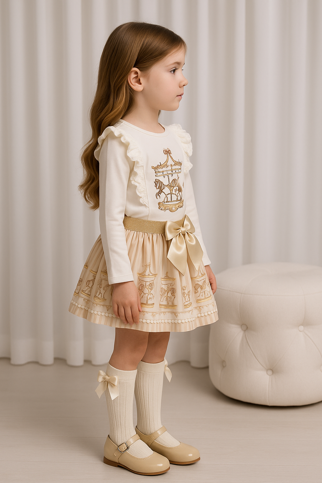 Girls Diamonte Carousel Skirt & Top Set Beige