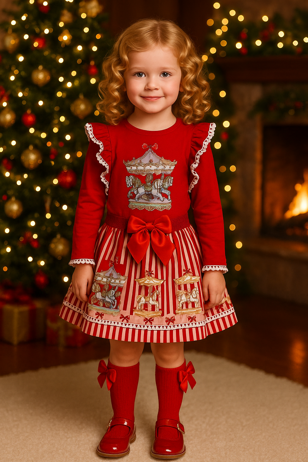 Girls Diamonte Carousel Skirt & Top Set Red