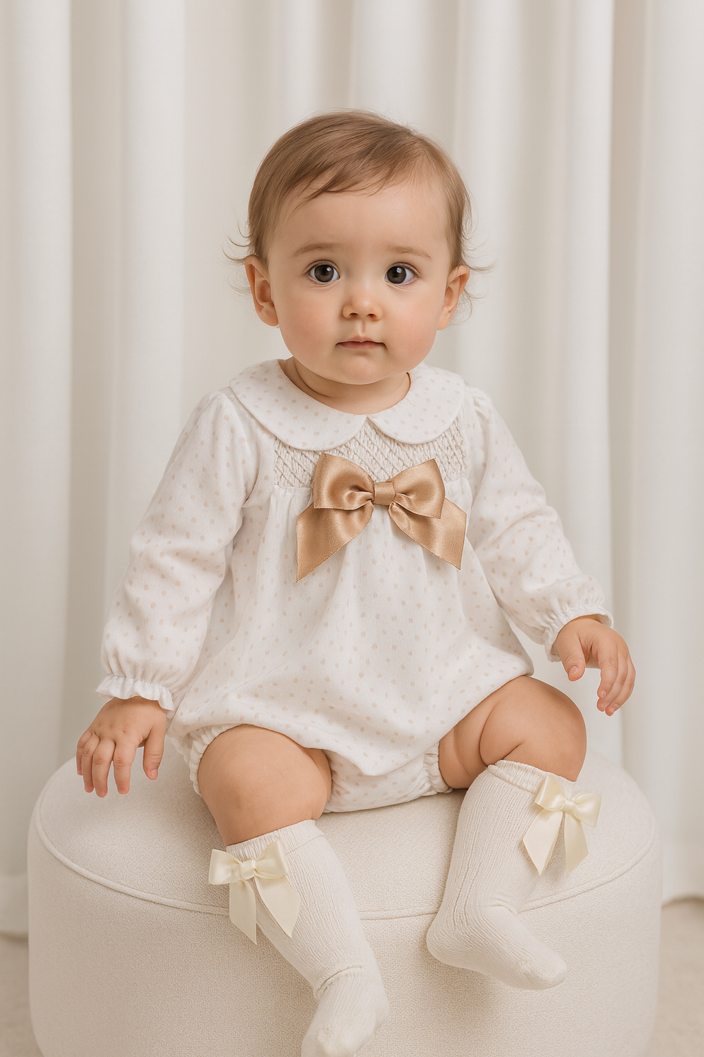 Weeme Baby Girls White & Camel Heart Dress & Bloomers