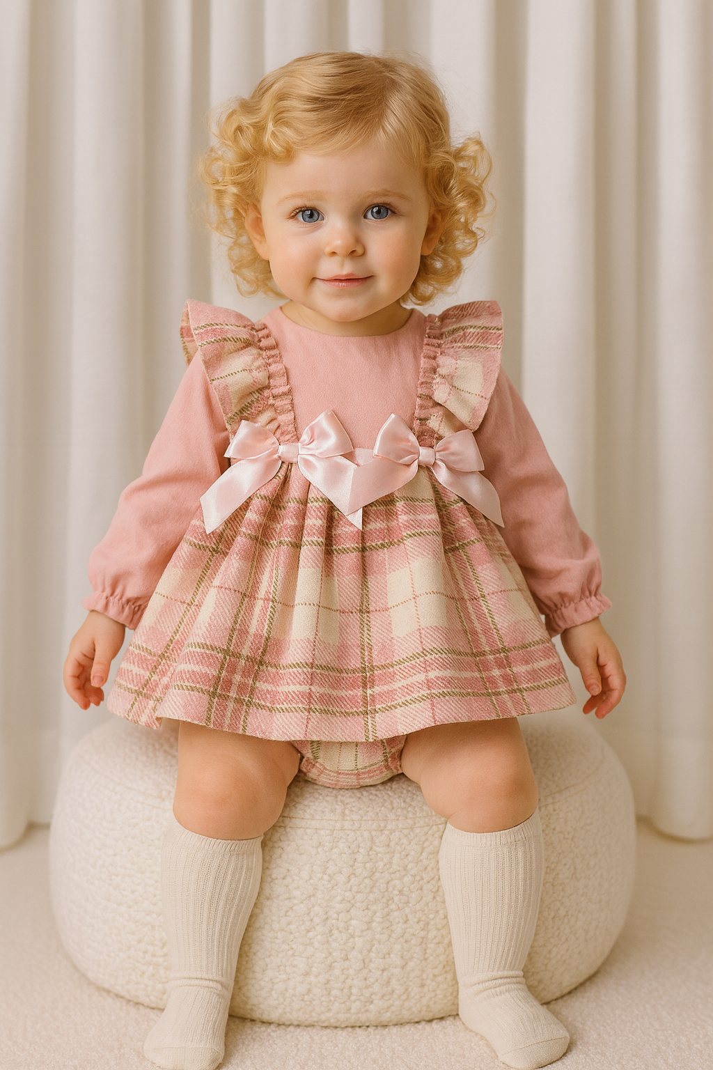 Weeme Baby Girls Dusky Pink Tartan Bow Dress & Bloomers