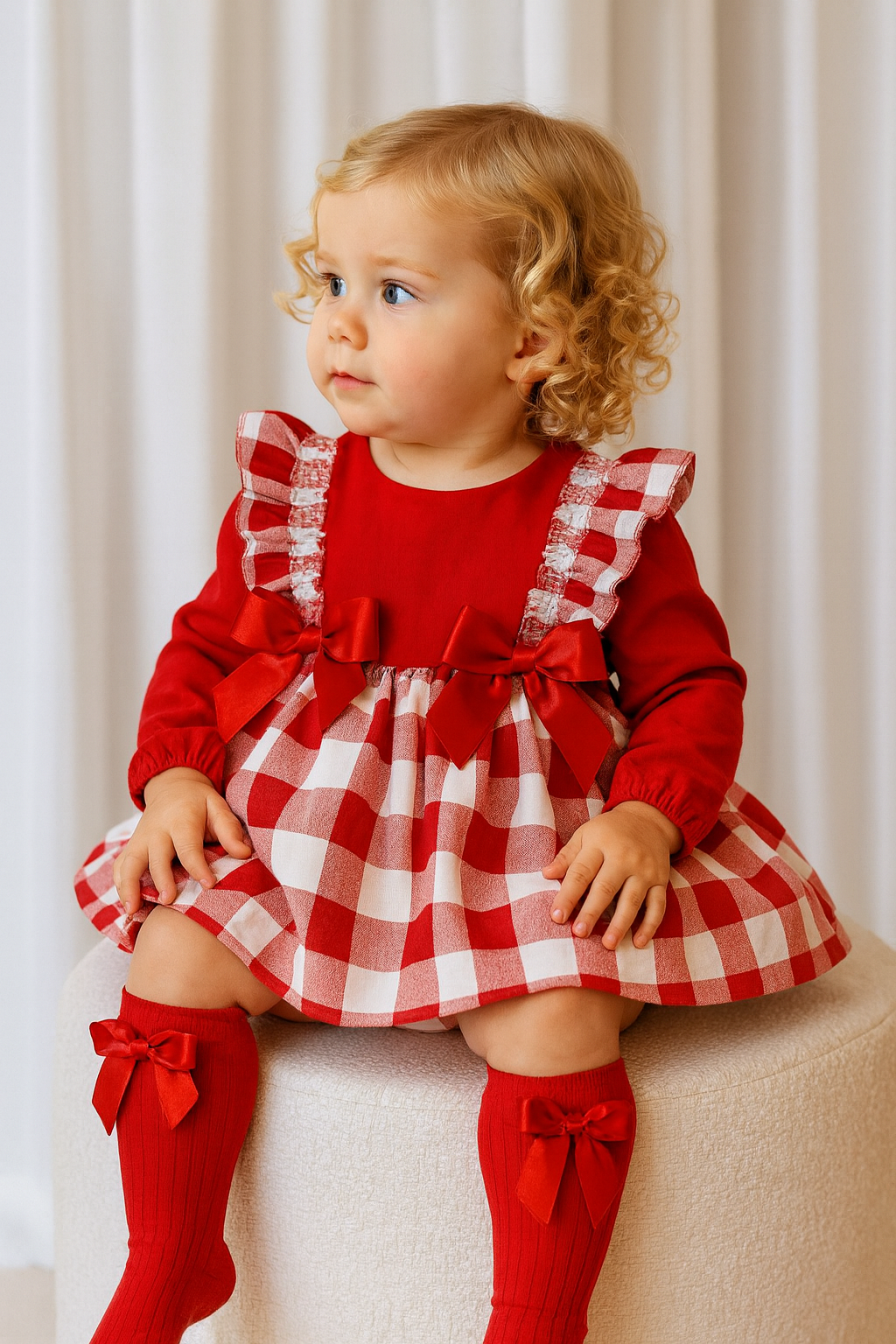 Weeme Baby Girls Red Checked Bow Dress & Bloomers